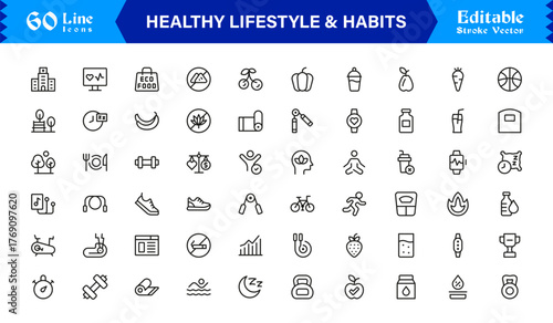 Healthy Lifestyle And Habits Modern Minimal Line Icon Collection Focused on Wellness, Discipline, Balance, and Daily Positive Routines