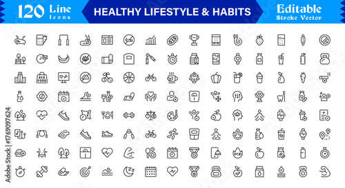 Healthy Lifestyle And Habits Modern Minimal Line Icon Collection Focused on Wellness, Discipline, Balance, and Daily Positive Routines