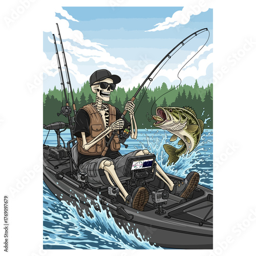 Cool skeleton catching a big bass fish while kayak fishing on a lake in a life vest and shades.