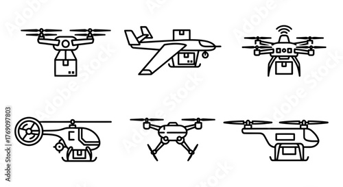 Line art illustrations of various delivery drones and helicopters, , showcasing modern transportation methods