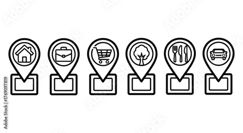 Location pin icons for various places home, work, shopping, park, restaurant and car location vector icons