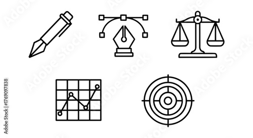 Set of black outline icons representing a pen, vector tool, scales, graph, and target for design and business