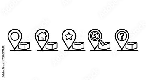 Collection of black outline location pin icons with various symbols inside and a 3d cube for maps and navigation