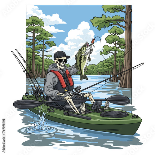 Cool skeleton catching a big bass fish while kayak fishing on a lake in a life vest and shades.