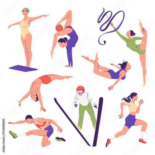 Olympic sports activities set. Athletes swimming, diving, skiing, running and rhythmic gymnastics with ribbon and ball. Cartoon characters in olympic disciplines competitions. Vector illustration.