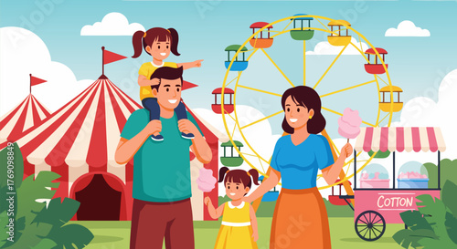 Joyful family with two children enjoying a fun day at the amusement park with a ferris wheel and circus tent vector illustration f