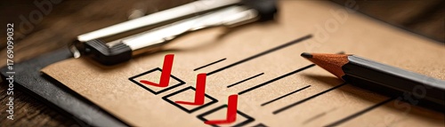 Clipboard with rules checklist and red checkmarks concept. Close-up of a checklist with checkmarks and a pencil.