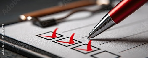 Wallpaper Mural Clipboard with rules checklist and red checkmarks concept. Close-up of a checklist being marked off with a red pen. Torontodigital.ca