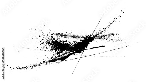 Abstract black ink splatter vector with chaotic droplets and diagonal intersecting lines on white background, dynamic grunge element for artistic or urban design