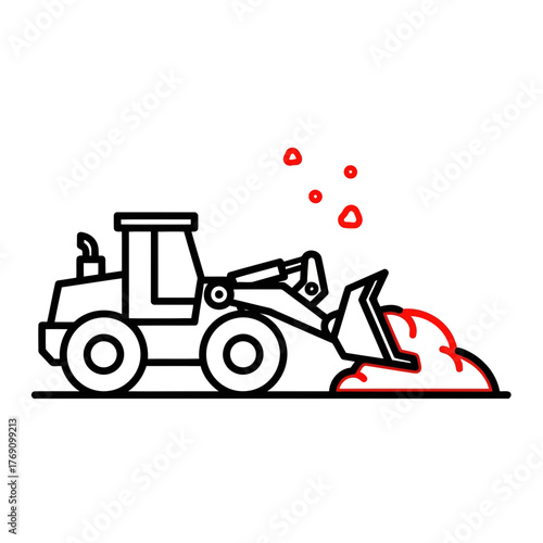 Line art illustration of a front loader tractor digging and moving dirt