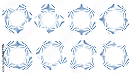 Set of abstract radial vector waveforms in circular form, representing audio pulse variations, sound rings, and spectrum icons for music, tech, or interface design
