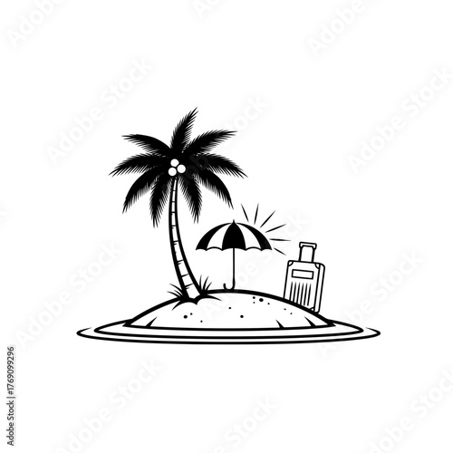 A simple black and white illustration of a tropical island with a palm tree, umbrella, and sunscreen bottle, isolated on a
