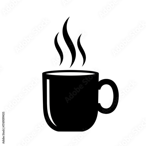 A simple black silhouette of a steaming coffee mug isolated on a, representing hot beverages and morning routines