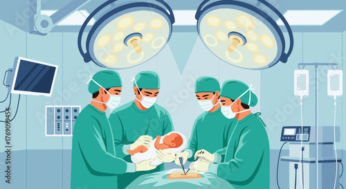 Medical team performing a surgical procedure in the operating room, delivering a newborn baby