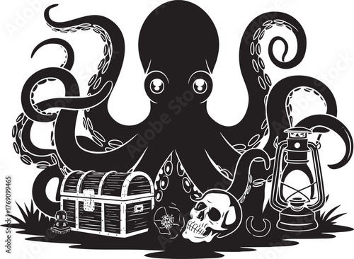 Black and White Octopus with Treasure Chest Graphic