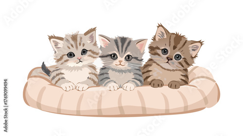 Three small, cute kittens with various fur patterns are nestled together on a beige and white striped cushion, looking sweet and curious.
