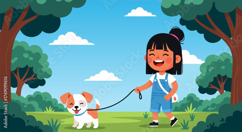 Joyful little girl walking her adorable puppy dog on a leash through a sunny park, enjoying a beautiful day outdoors