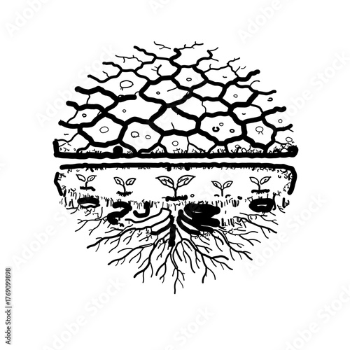 A high-contrast monochrome icon illustrating land degradation versus restoration. The image is split, showing dry, cracked earth on one side and healthy soil with a small sprout or roots on the other
