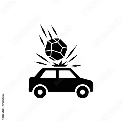 Black icon representing a car being hit by a falling asteroid