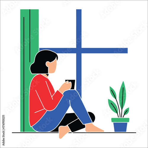 Minimalistic Vector Illustration Of A Woman Relaxing By The Window With Coffee