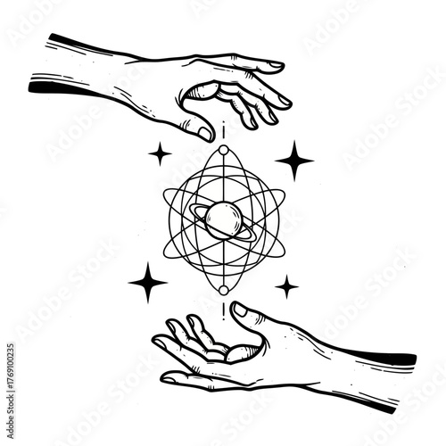 Mystical hands reaching towards a cosmic atom symbol with stars