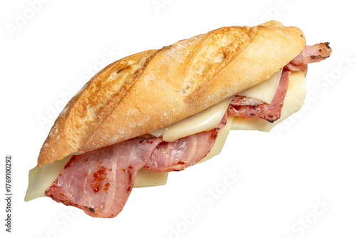 Baguette sandwich with bacon and melting cheese
