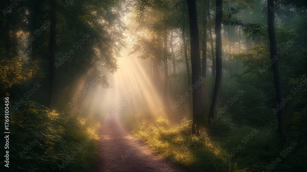 Fototapeta premium A misty forest trail bathed in soft sunlight, creating a serene and ethereal atmosphere. Ideal for nature photography, environmental projects, wallpapers, or wellness-themed visuals.
