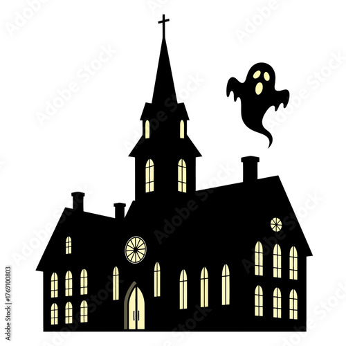 Silhouette of a haunted church with a ghost flying nearby