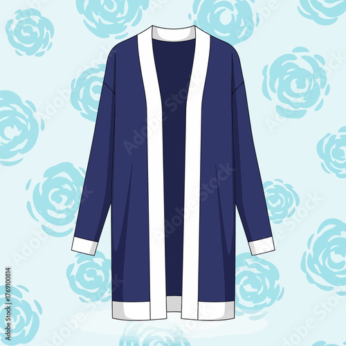 Fashion illustration of a navy blue open front longline cardigan with white trim and pockets, set against a light blue background with subtle floral pattern