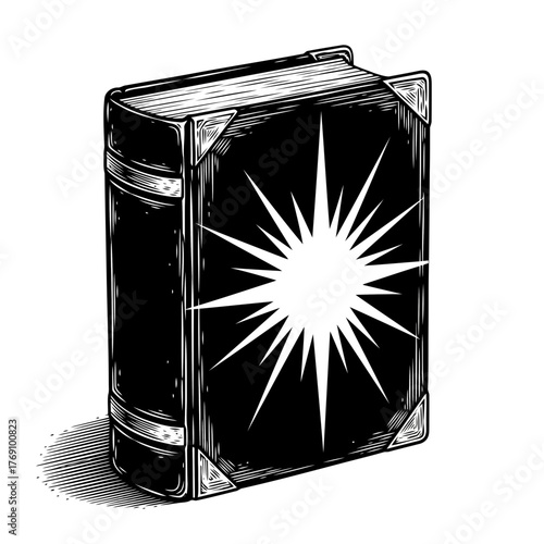 An antique, leatherbound book with a mystical, starburst symbol on its cover, rendered in a vintage, black and white illustration style, casting a subtle shadow
