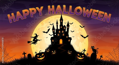 Spooky halloween castle silhouette against a large full moon with flying bats and carved pumpkins on a graveyard hill