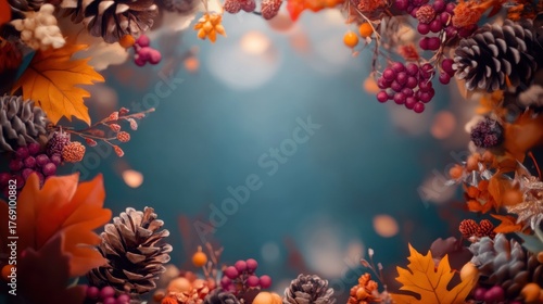 Wallpaper Mural Fall foliage and pine cones create a beautiful autumn scene with colorful leaves Torontodigital.ca