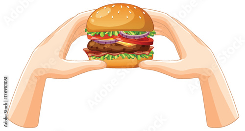 Hands Holding Classic Cheeseburger with Fresh Toppings
