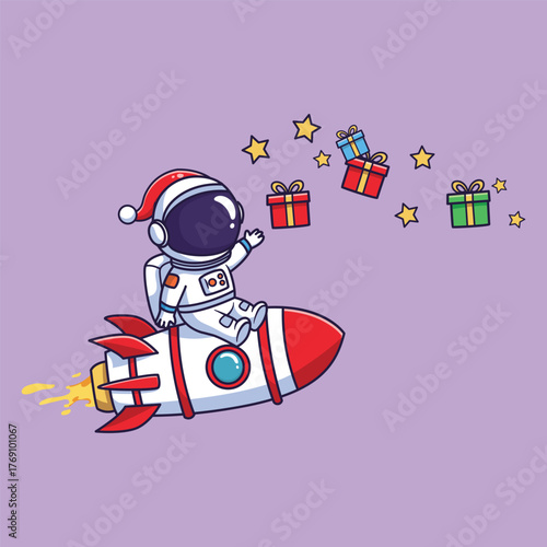 Cute Cartoon Astronaut in Santa Hat Riding Rocket with Floating Gifts – Vector Illustration of Whimsical Space Christmas Scene
