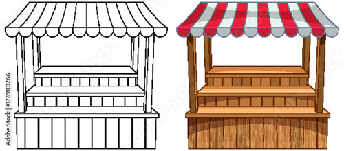 Wooden Market Stall with Red and White Striped Awning