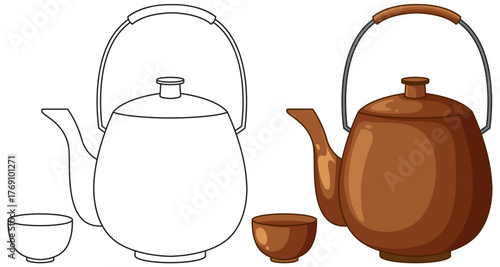 Traditional Japanese Teapot and Teacup Vector Illustration