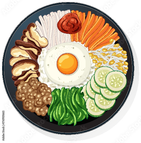 Korean Bibimbap Bowl with Vegetables and Fried Egg
