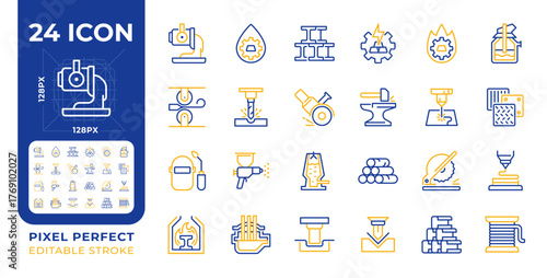 Metal fabrication two color line icons set. Factory production. Metalwork, machinery. Industrial technology bicolor outline iconset isolated. Duotone pictograms thin linear. Editable stroke