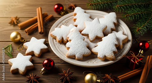 Christmas cookies with powdered sugar on a plate with cinnamon sticks and christmas ornaments around