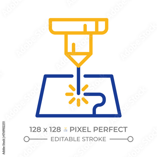Laser cutting two color line icon. Industrial technology, equipment. Automation, precision. Metal processing bicolor outline symbol. Duotone linear pictogram. Isolated illustration. Editable stroke