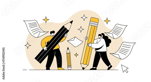 Two people collaborating on writing and content creation with large pencils and flying papers.