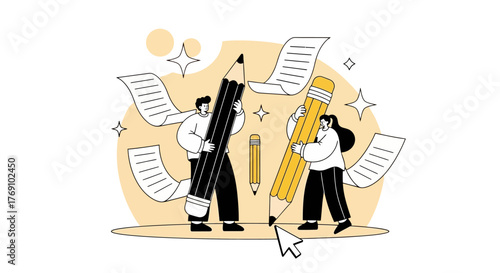 Illustration of two people writing with pencils, surrounded by floating papers, representing creative work and ideas.
