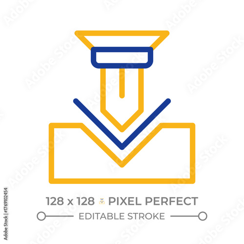 Bending two color line icon. Production process, machinery. Engineering, technology. Metalworking bicolor outline symbol. Duotone linear pictogram. Isolated illustration. Editable stroke