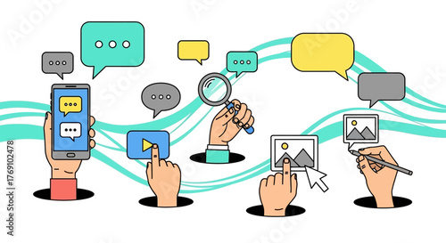 Illustration depicting various digital interactions, including messaging, searching, and content creation, using hands and devices.