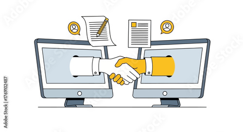 Two hands shaking across computer screens symbolizing a digital business agreement or partnership.