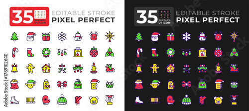 Christmas traditions multicolor ui icons set. Celebrating happy winter holiday. New Year ornaments. Festive party. Vector illustrations. Web design user interface elements collection, pixel perfect