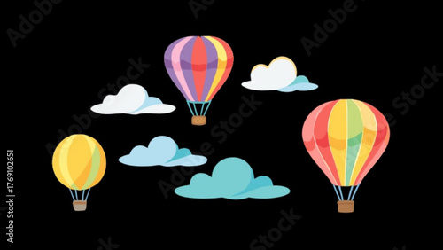 A charming illustration featuring colorful hot air balloons floating amidst fluffy clouds against a black backdrop, evoking a sense of adventure and wonder
