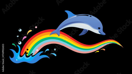 A whimsical illustration of a dolphin leaping over a vibrant rainbow against a black backdrop, symbolizing joy, freedom, and the beauty of nature