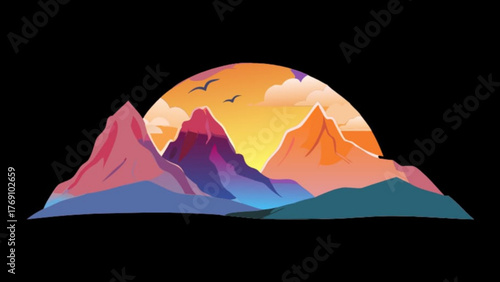 A vibrant mountain landscape illustration featuring colorful peaks under a warm sunset sky, with birds flying above, creating a peaceful and scenic vista