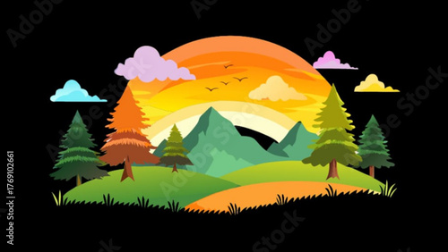 A serene landscape illustration showcasing mountains, trees, and a sunset against a black backdrop, capturing the tranquility and beauty of nature